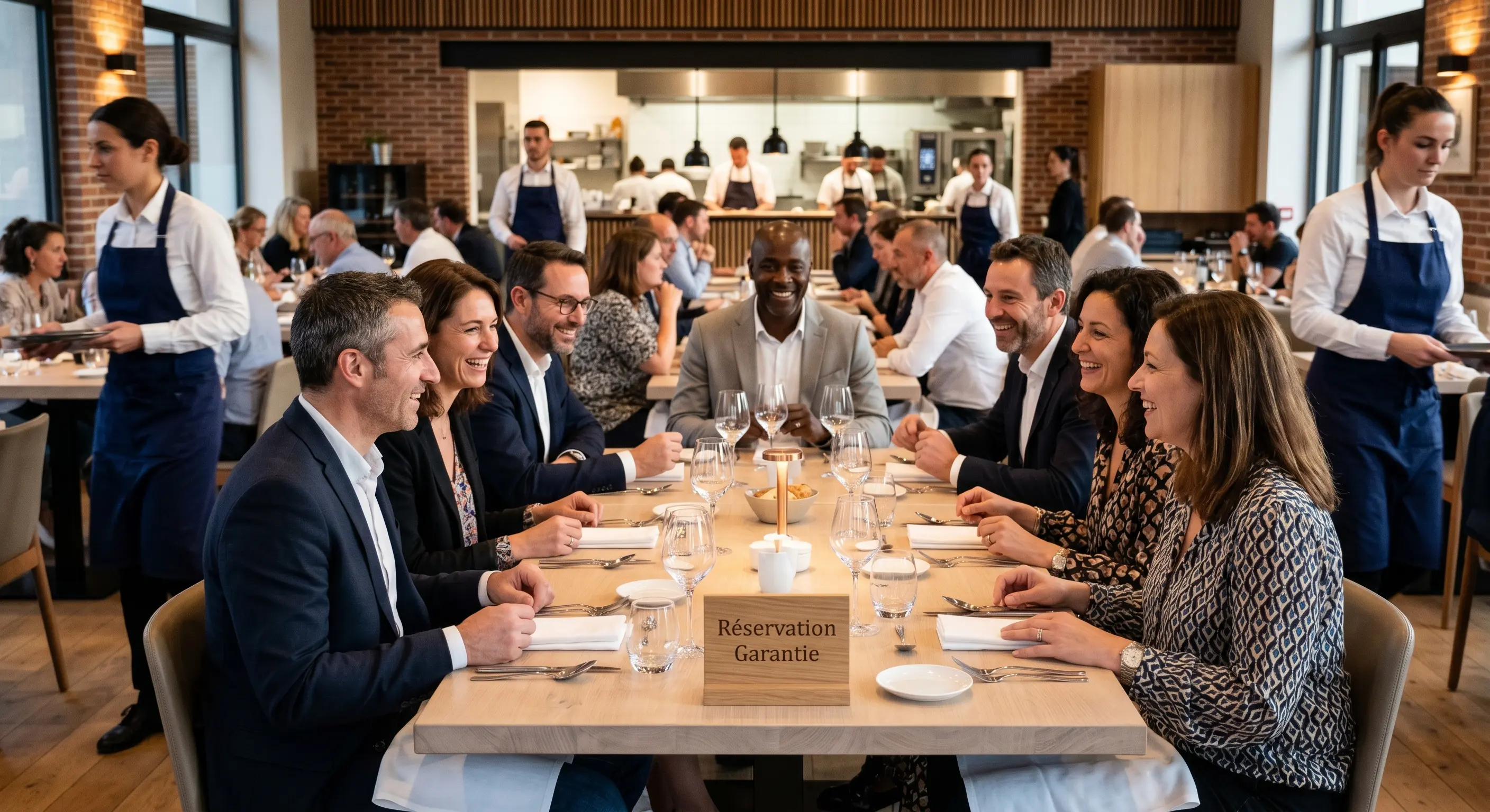 Convives heureux dînant à une grande table dans un restaurant premium