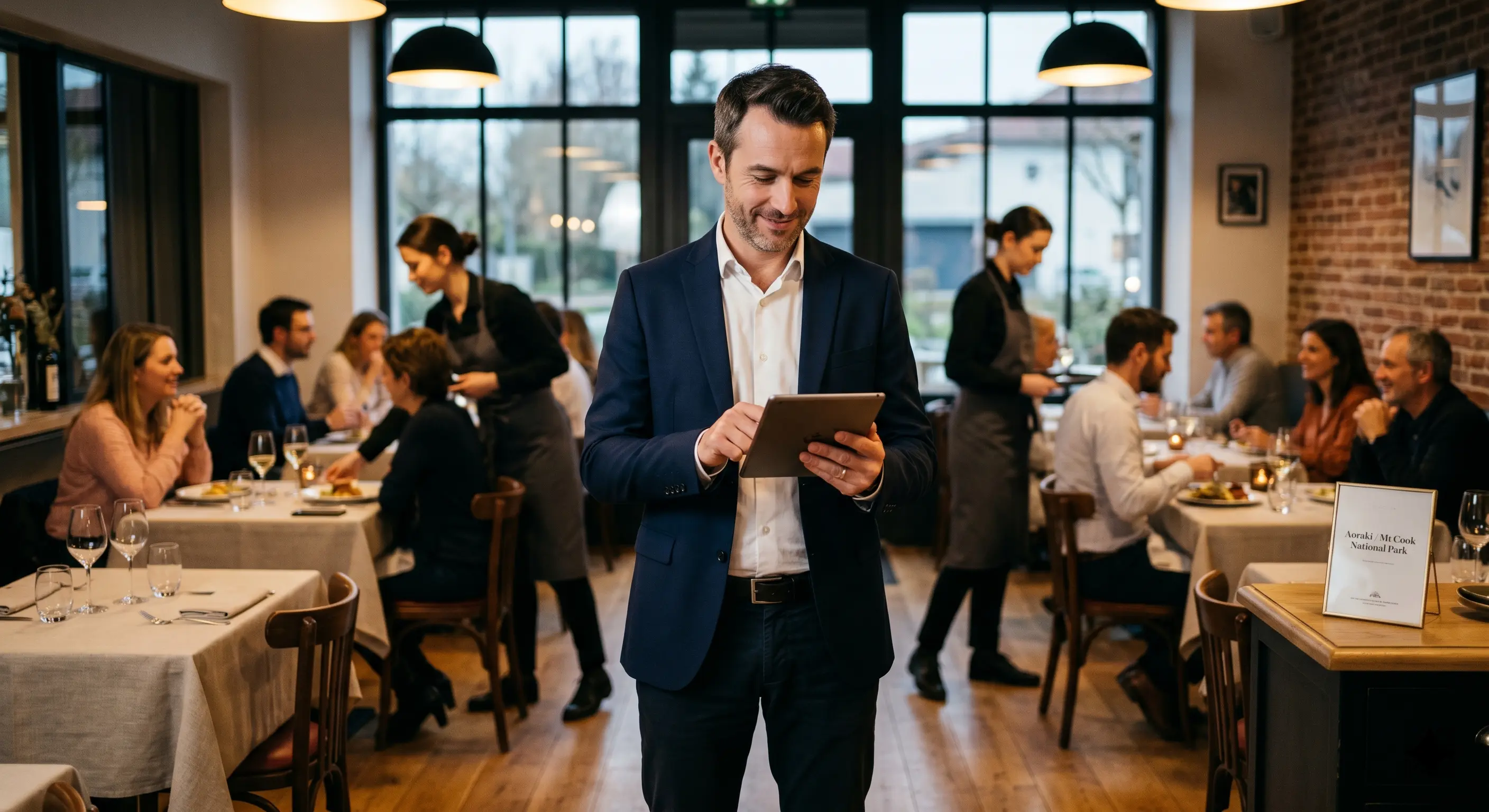 Un gérant de restaurant serein consulte ses réservations sur tablette