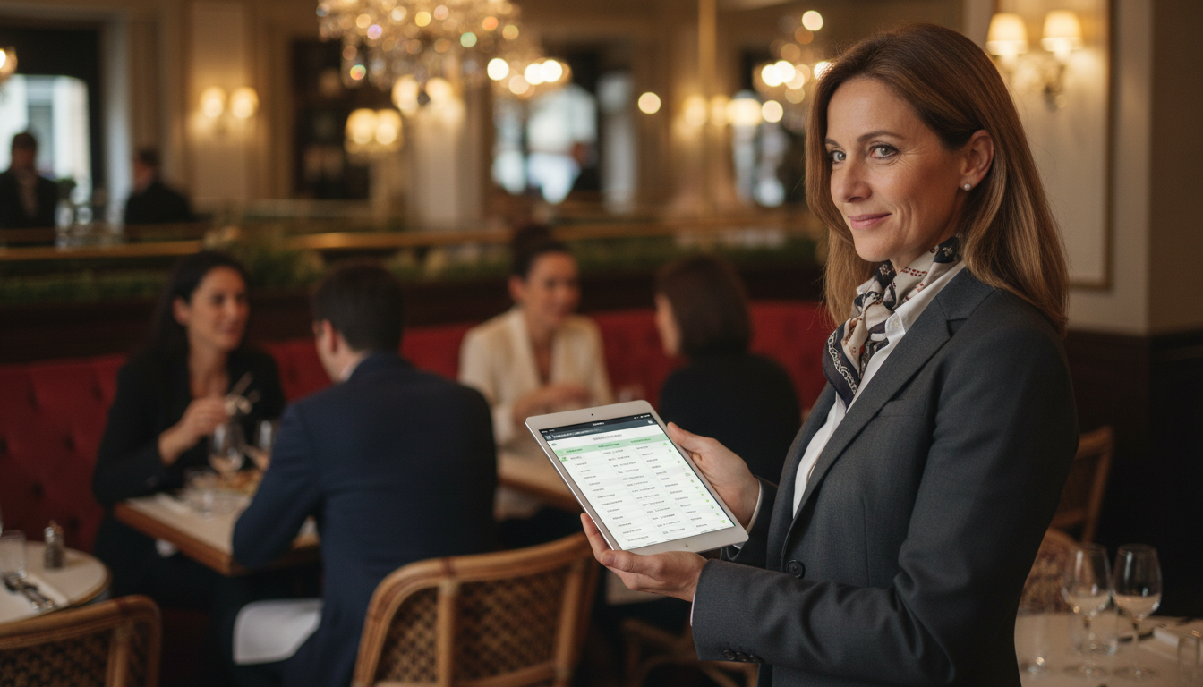 Photo d'une gérante de restaurant française sereine utilisant le système de réservation Nava sur tablette, avec un restaurant élégant en arrière-plan, illustrant l'efficacité de l'IA vocale et la gestion unifiée des réservations.