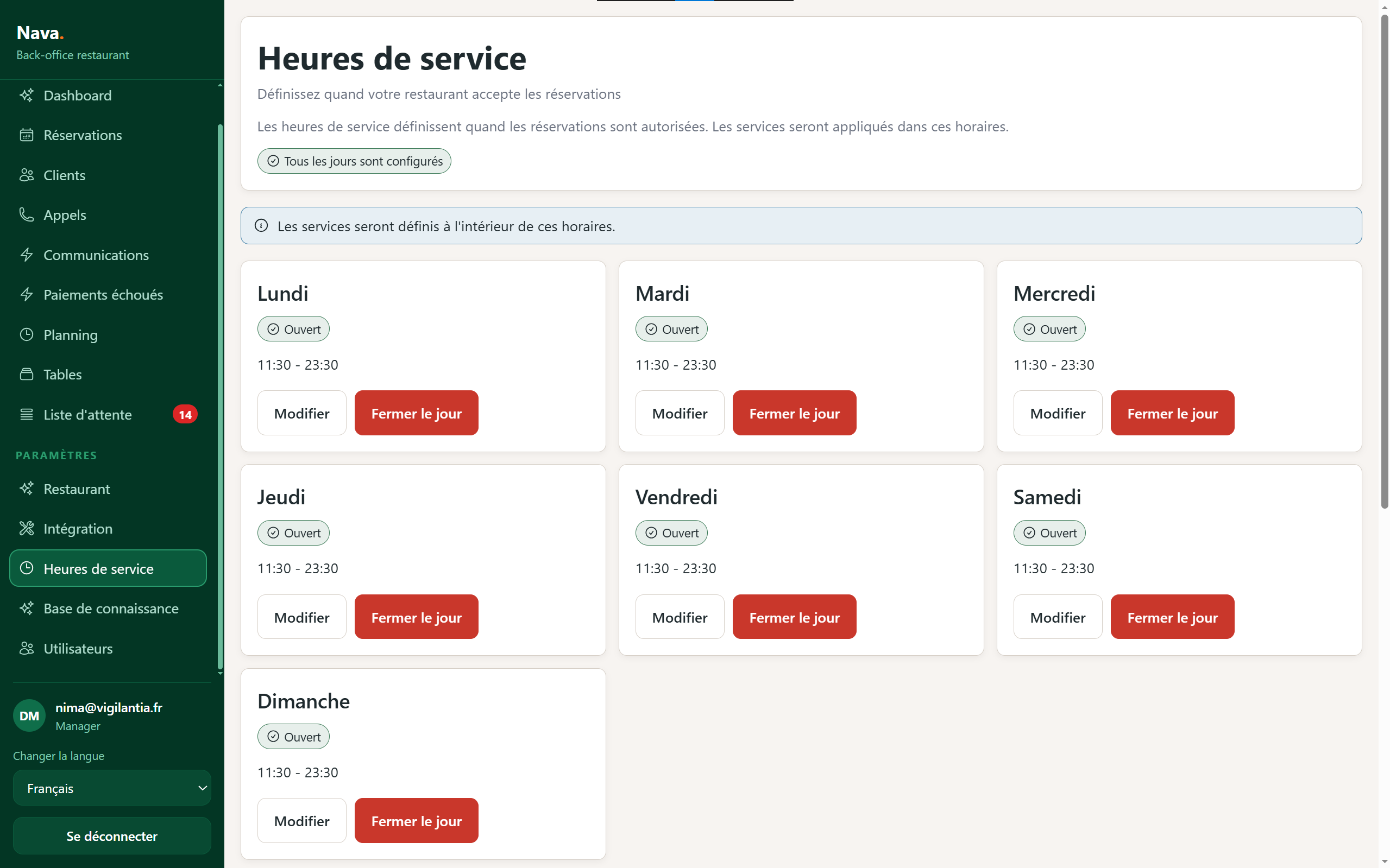 Paramètres du restaurant dans le back-office Nava